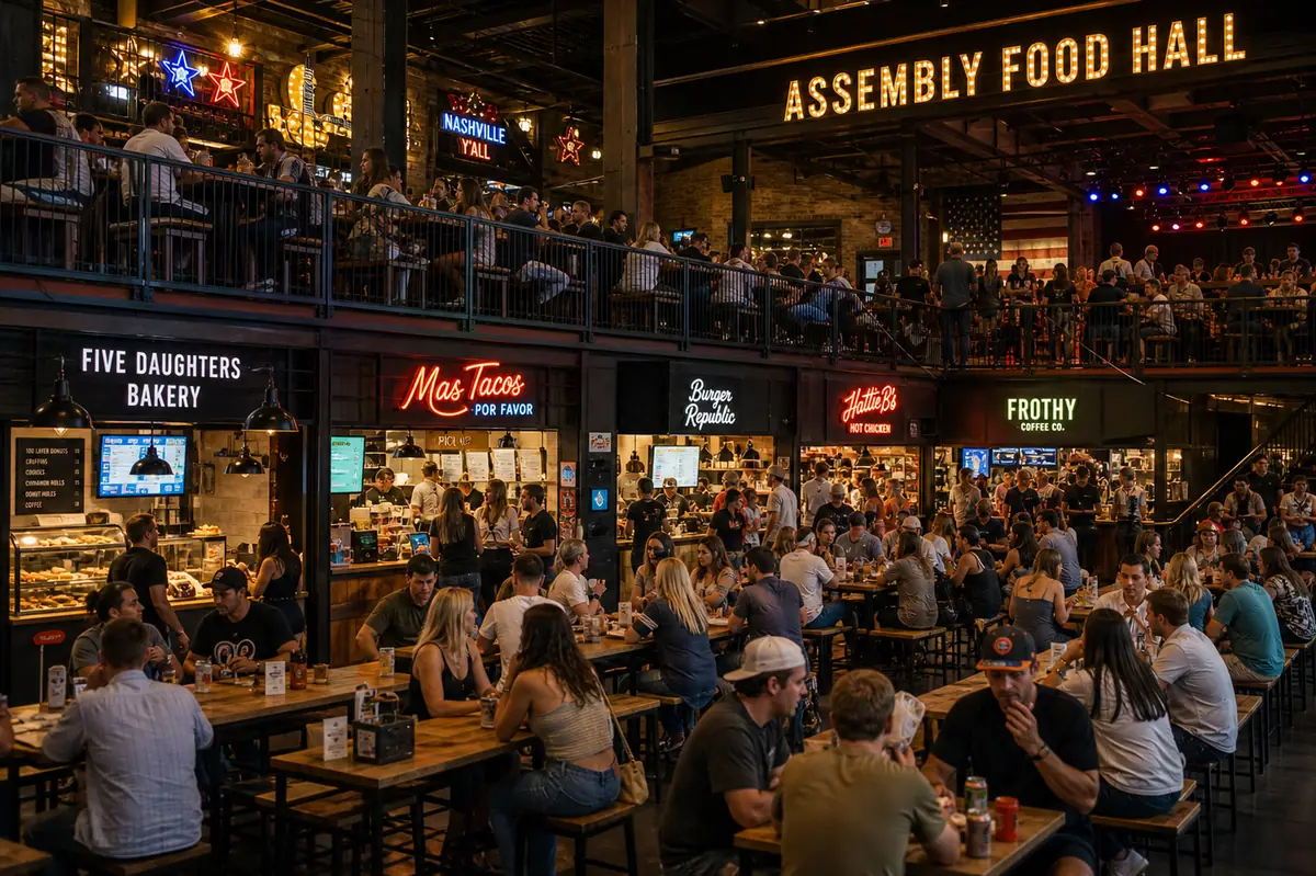 Photoreal bustling food hall interior representing Assembly Food Hall in Nashville