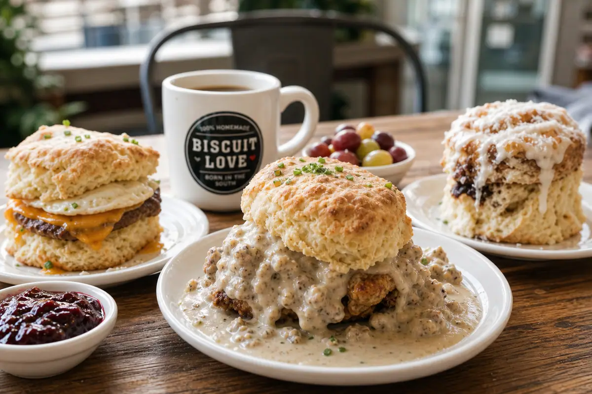 Photoreal biscuit brunch spread representing Biscuit Love in Nashville