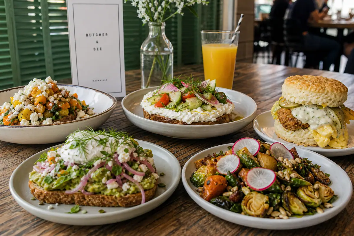 Photoreal colorful modern brunch spread representing Butcher & Bee in Nashville