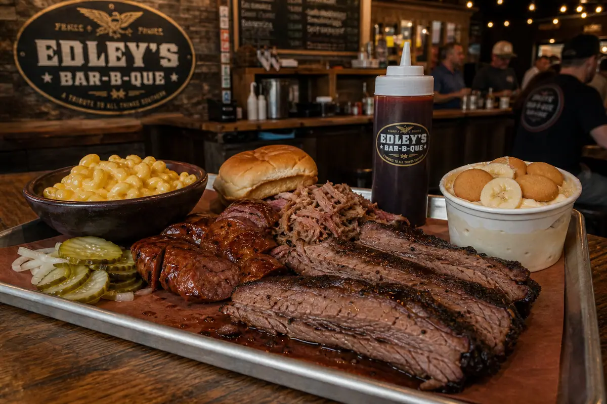 Photoreal neighborhood barbecue tray representing Edley's Bar-B-Que in Nashville