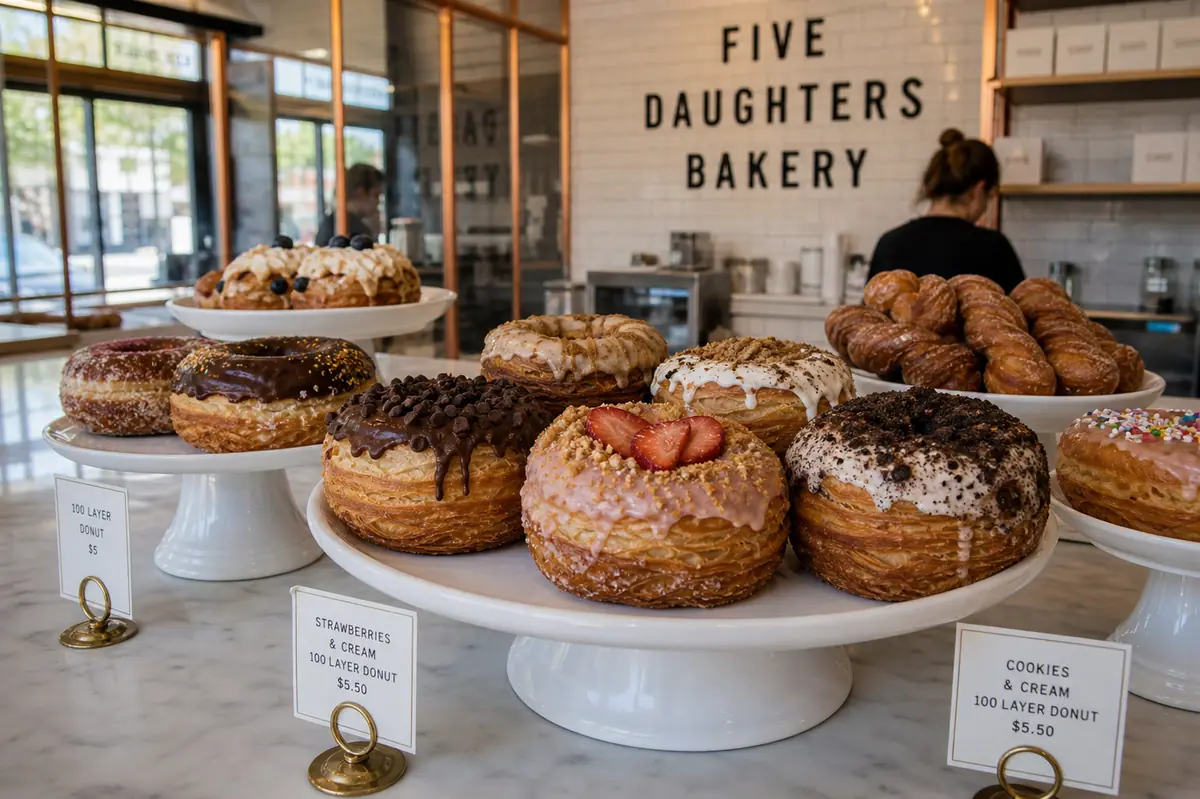 Photoreal layered donut pastries representing Five Daughters Bakery in Nashville