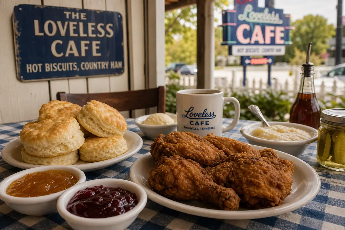 Photoreal Southern breakfast spread representing Loveless Cafe in Nashville