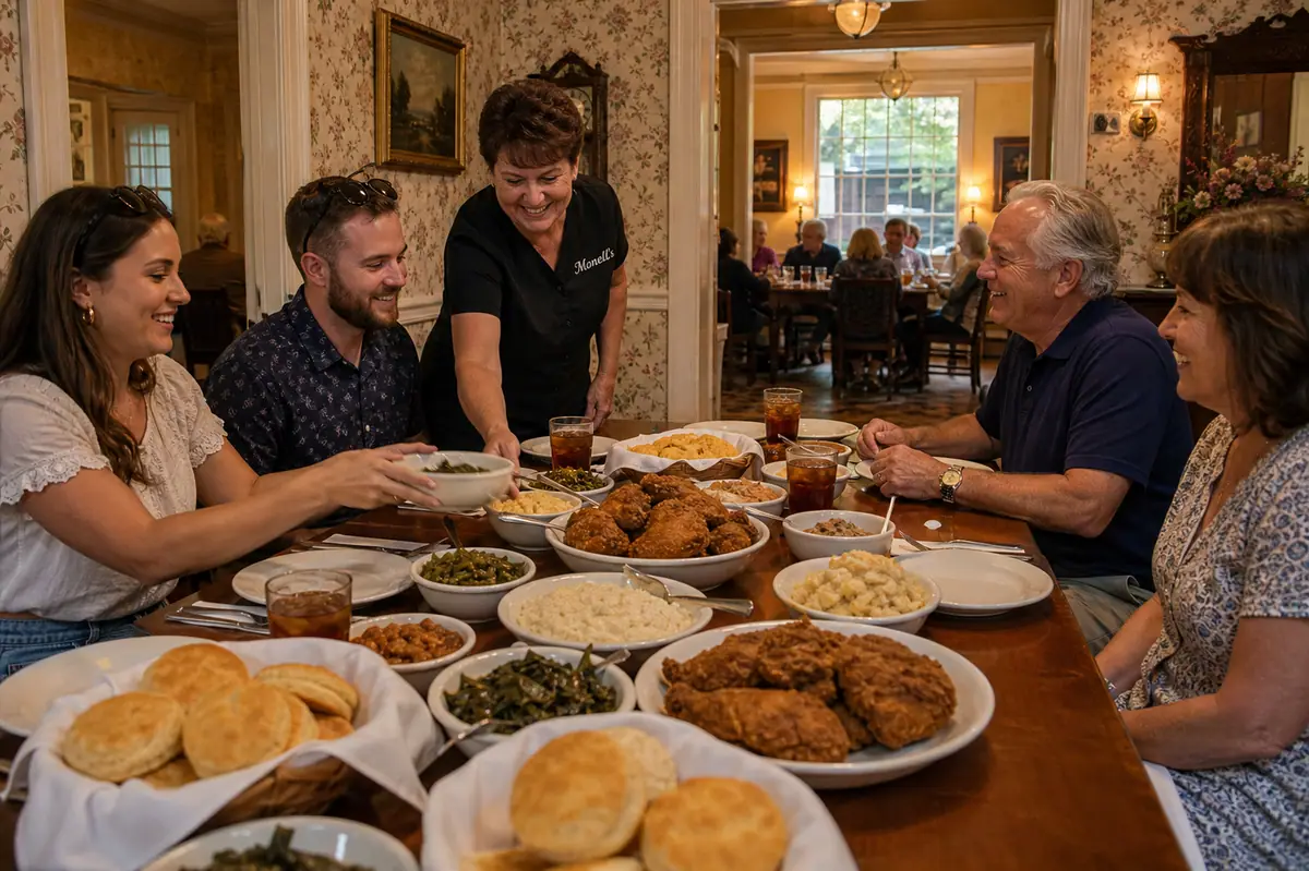 Photoreal family-style Southern table spread representing Monell's in Nashville