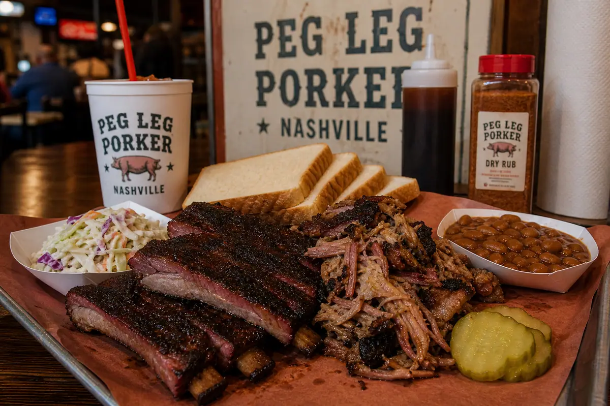 Photoreal barbecue tray representing Peg Leg Porker in Nashville