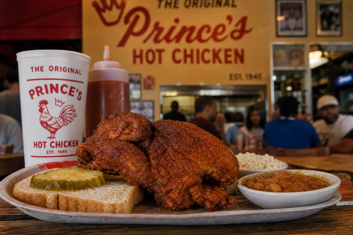 Photoreal Nashville hot chicken tray representing Prince's Hot Chicken