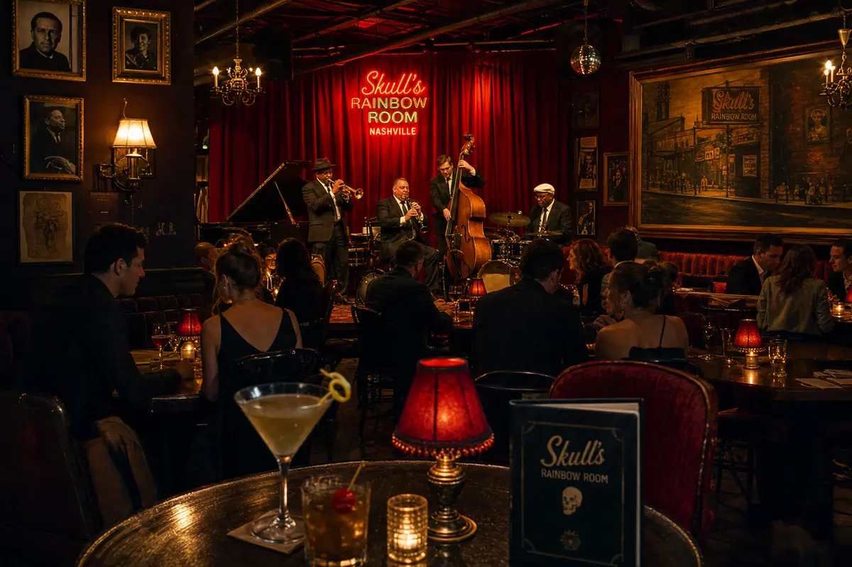 Photoreal moody supper-club interior representing Skull's Rainbow Room in Nashville
