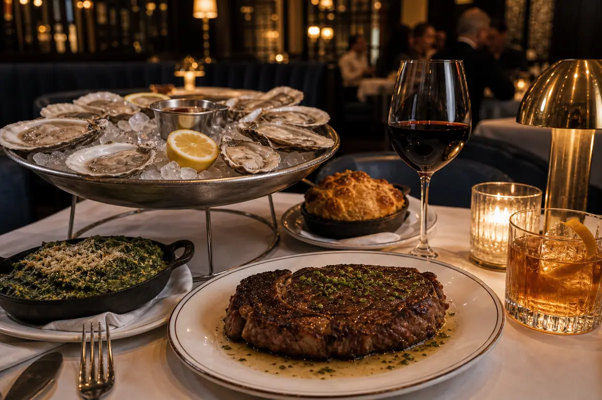 Photoreal steak and oyster dinner spread representing The Southern Steak & Oyster in Nashville