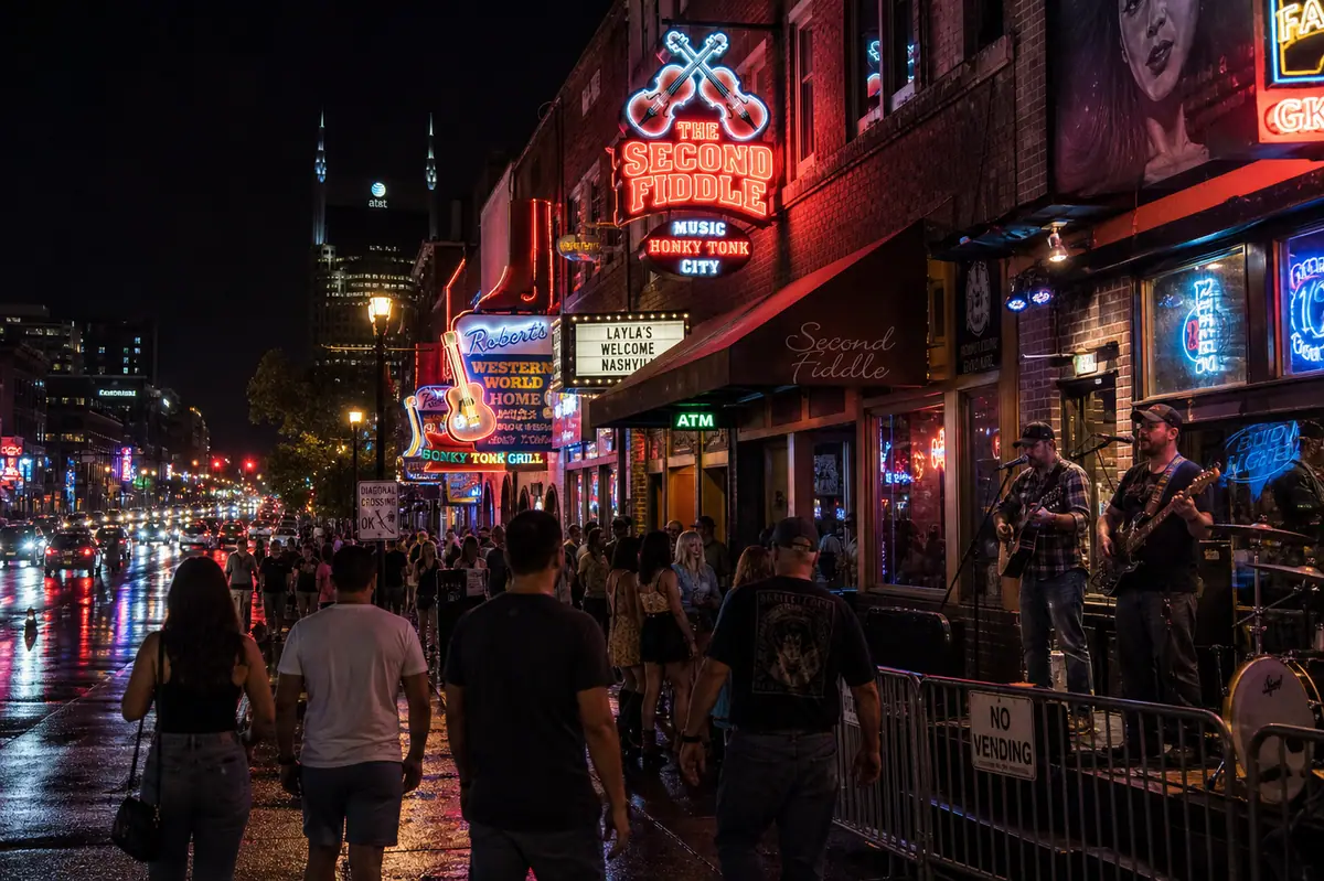 Photoreal neon-lit Broadway honky-tonk nightlife scene in Nashville