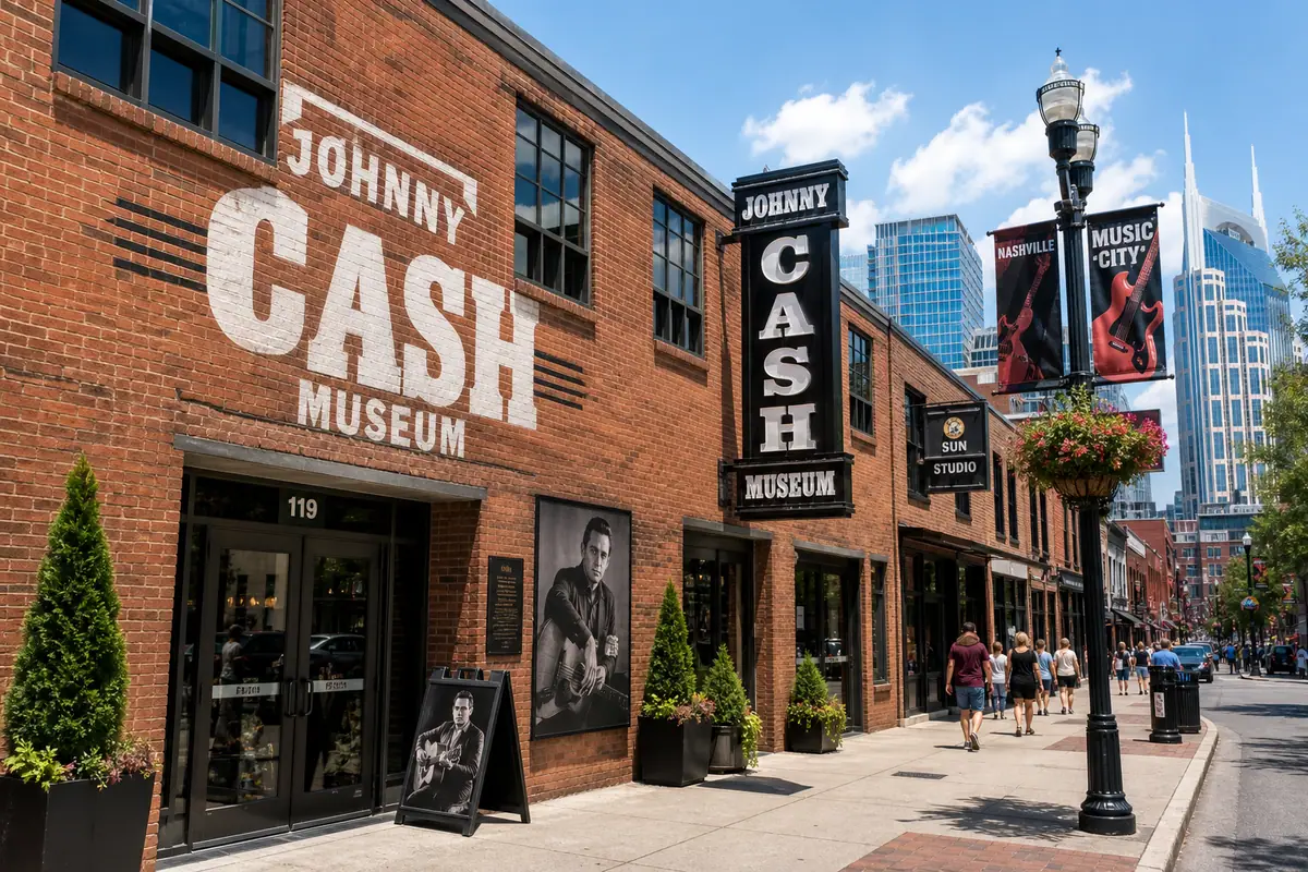 Photoreal Johnny Cash Museum district streetscape in downtown Nashville