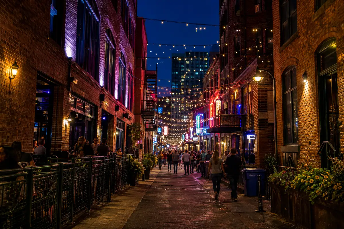 Photoreal Printer's Alley-style neon lane in downtown Nashville at blue hour