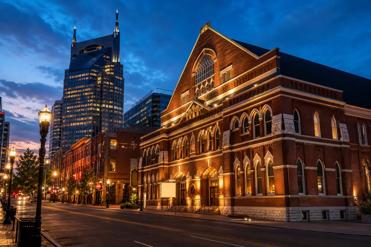 Photoreal Ryman Auditorium evening scene in Nashville