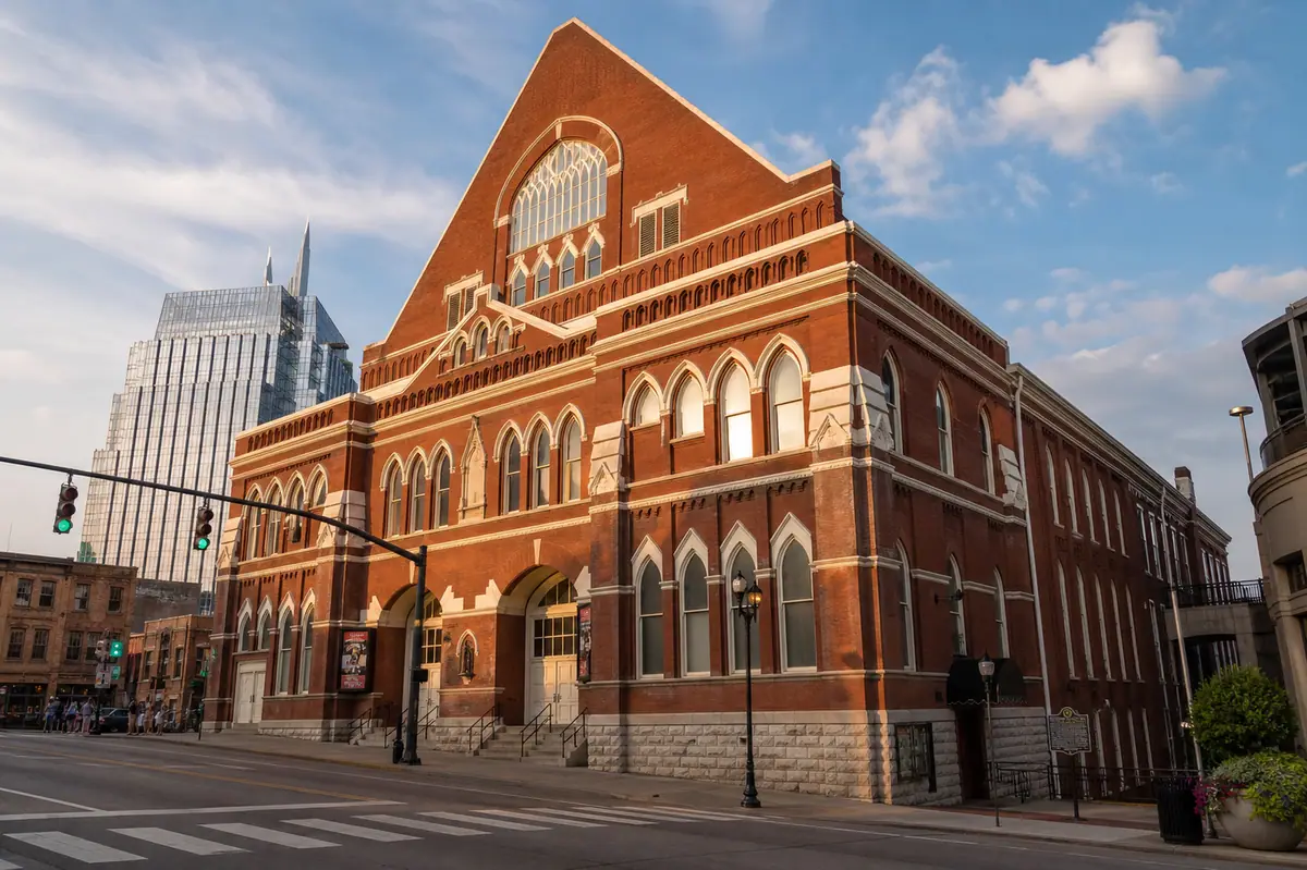 Photoreal exterior of Ryman Auditorium in downtown Nashville