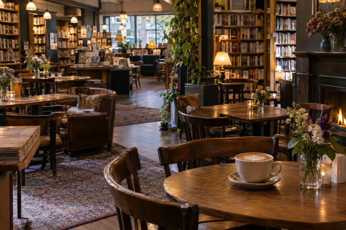 Photoreal travel-editorial view of Atticus Bookstore Cafe in New Haven, Connecticut
