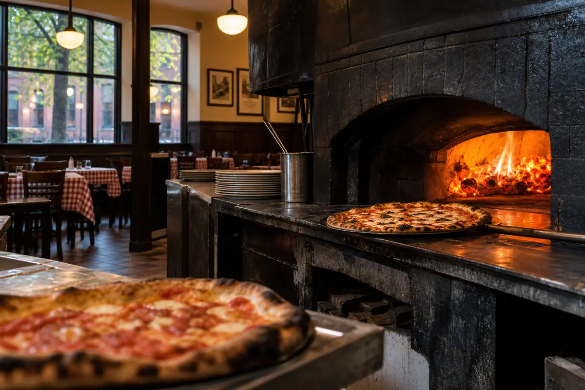Photoreal travel-editorial view of Frank Pepe Pizzeria Napoletana in New Haven, Connecticut