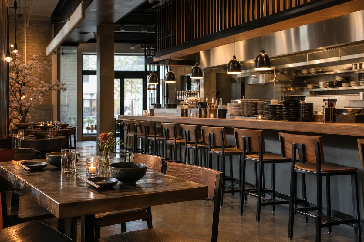 Photoreal travel-editorial view of Mecha Noodle Bar in New Haven, Connecticut