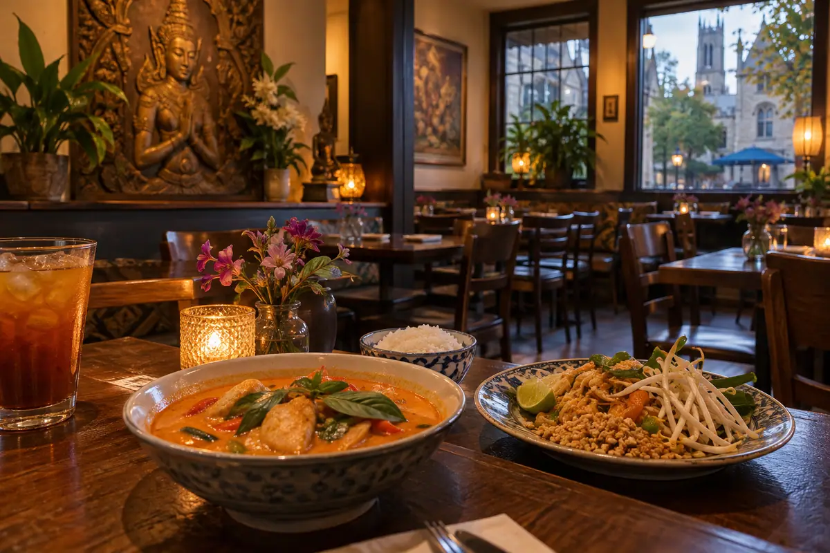 Photoreal travel-editorial view of September in Bangkok in New Haven, Connecticut