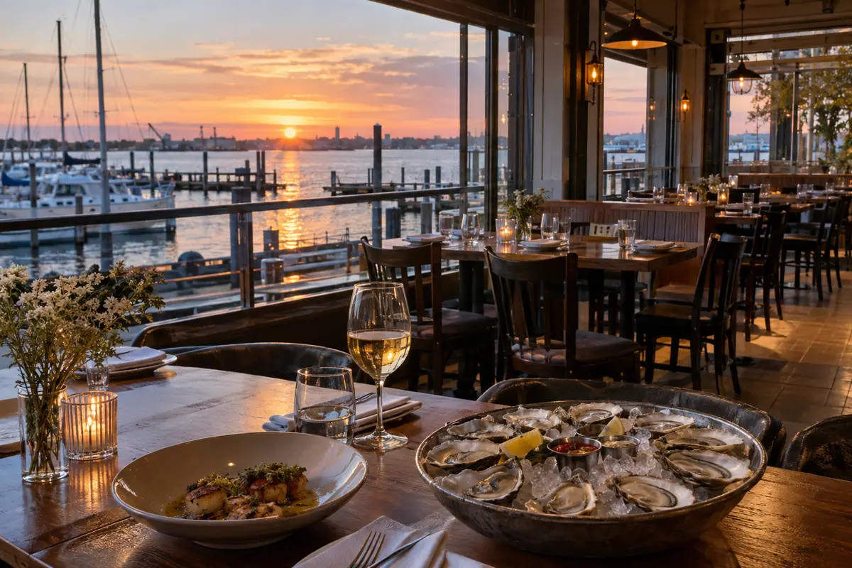 Photoreal travel-editorial view of Shell and Bones Oyster Bar and Grill in New Haven, Connecticut