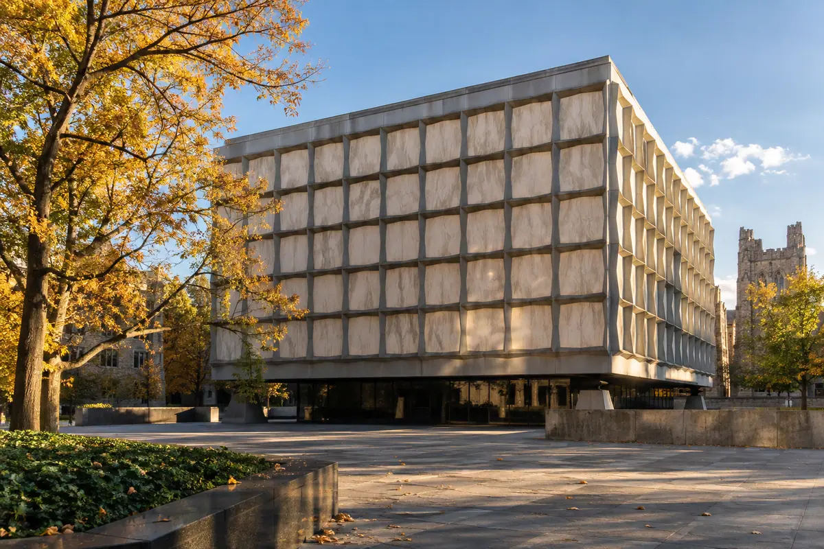 Photoreal travel-editorial view of Beinecke Rare Book and Manuscript Library in New Haven, Connecticut