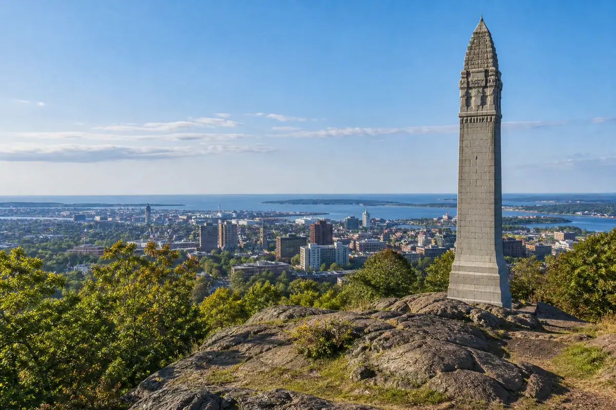 Photoreal travel-editorial view of East Rock Park and Soldiers' and Sailors' Monument in New Haven, Connecticut