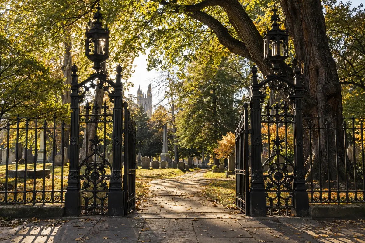 Photoreal travel-editorial view of Grove Street Cemetery in New Haven, Connecticut