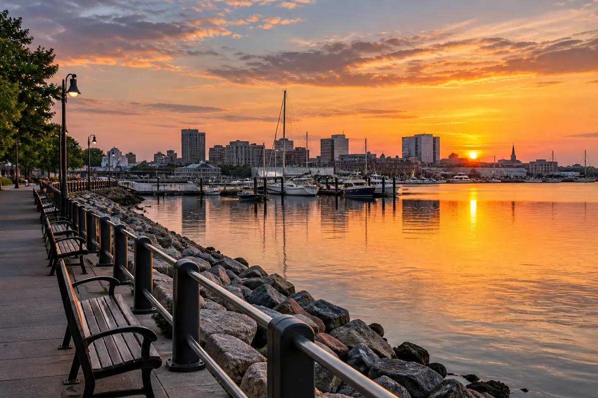 Photoreal travel-editorial view of Long Wharf Waterfront Walk in New Haven, Connecticut
