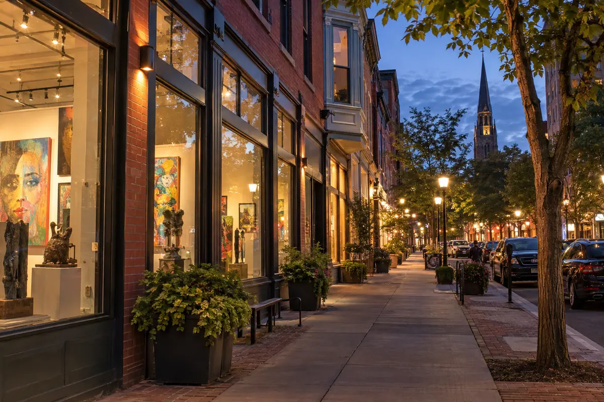 Photoreal travel-editorial view of Ninth Square Arts and Nightlife Walk in New Haven, Connecticut