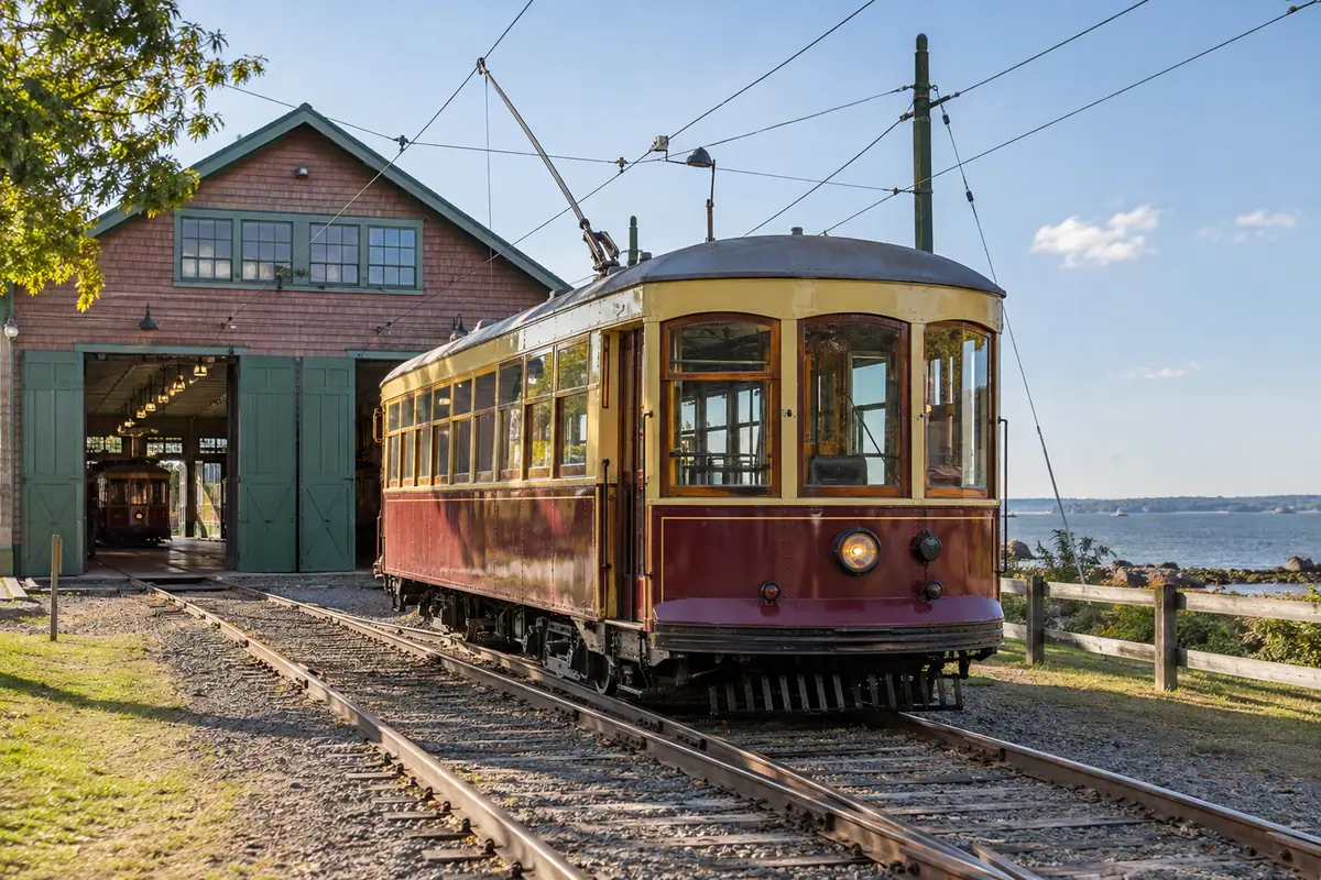 Photoreal travel-editorial view of Shore Line Trolley Museum in New Haven, Connecticut