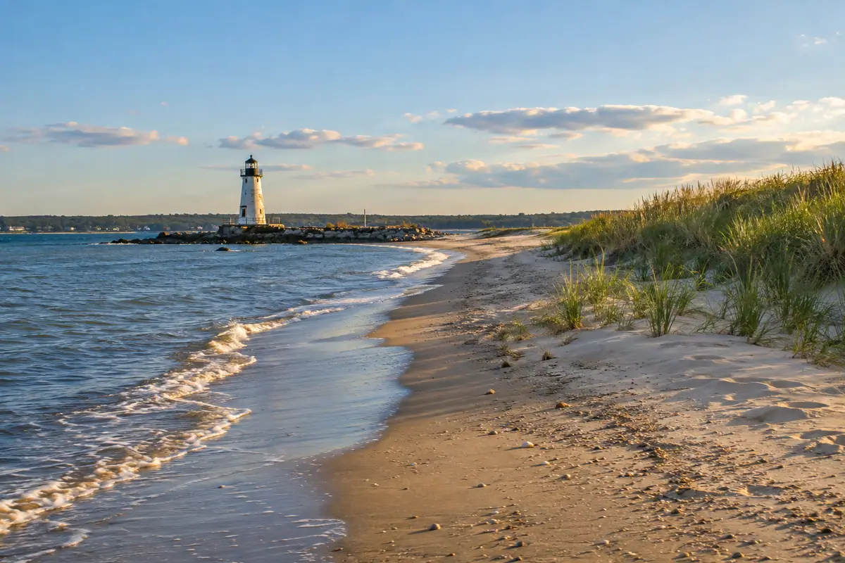 Photoreal travel-editorial view of West Haven Beach and Sandy Point in New Haven, Connecticut