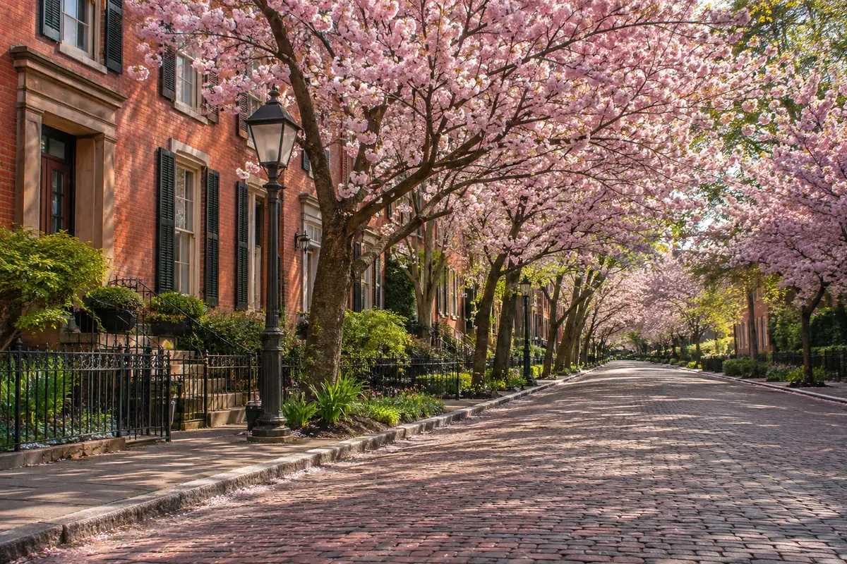 Photoreal travel-editorial view of Wooster Square and Cherry Blossom Walk in New Haven, Connecticut