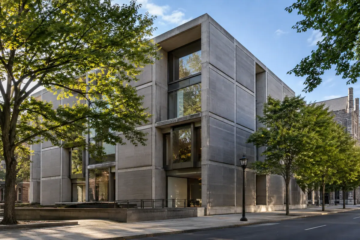 Photoreal travel-editorial view of Yale Center for British Art in New Haven, Connecticut