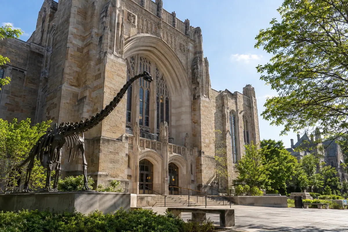 Photoreal travel-editorial view of Yale Peabody Museum in New Haven, Connecticut