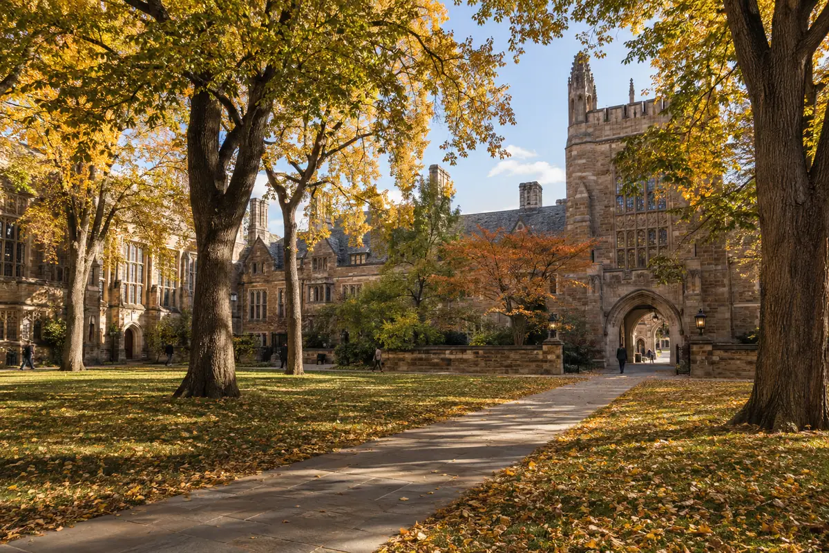 Photoreal travel-editorial view of Yale University and Old Campus in New Haven, Connecticut