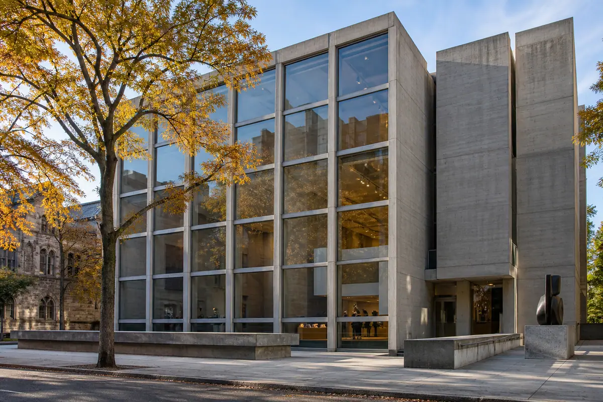 Photoreal travel-editorial view of Yale University Art Gallery in New Haven, Connecticut