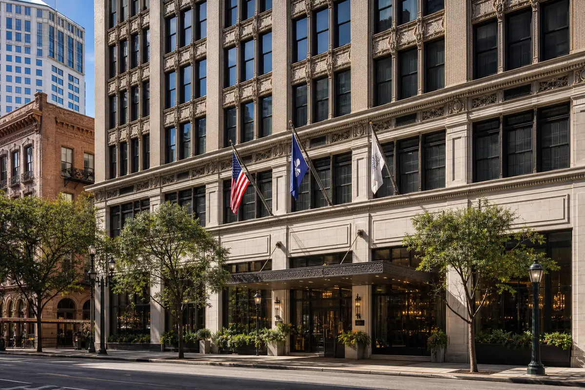 Photoreal exterior of The Higgins Hotel New Orleans near the museum district