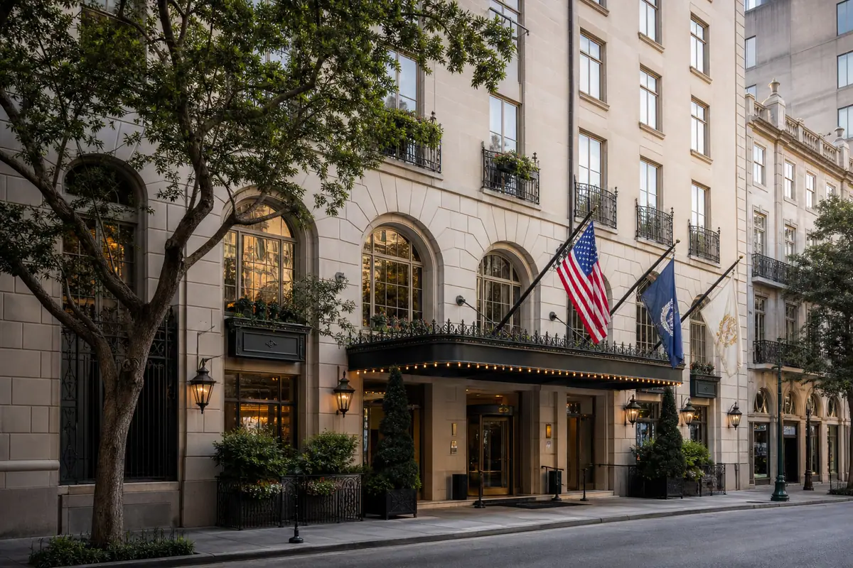 Photoreal exterior of Windsor Court Hotel in downtown New Orleans