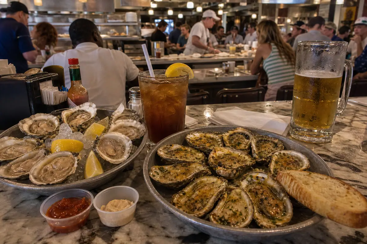 Photoreal oysters and seafood bar scene representing Acme Oyster House in New Orleans