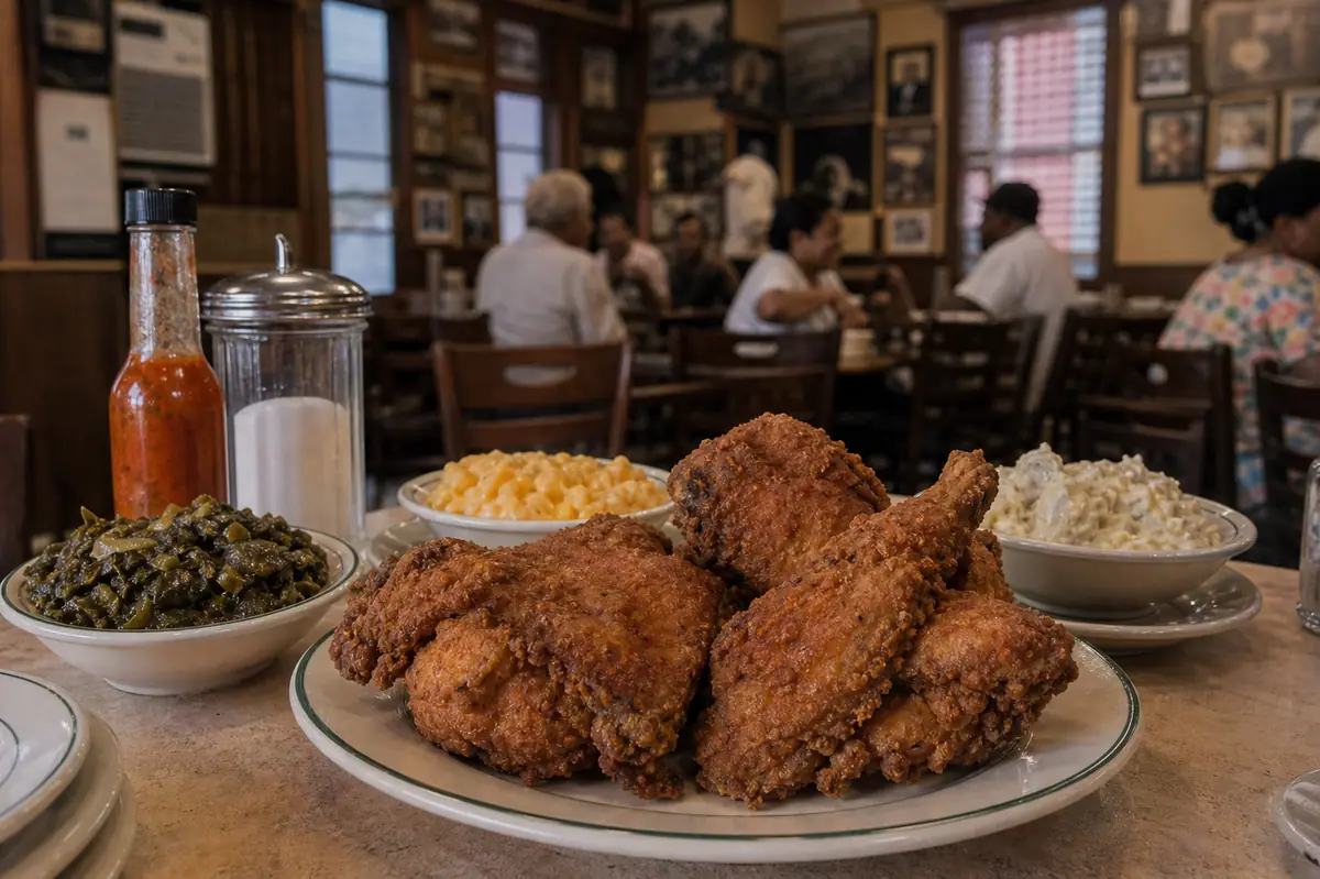 Photoreal fried chicken plate representing Willie Mae's Scotch House in New Orleans