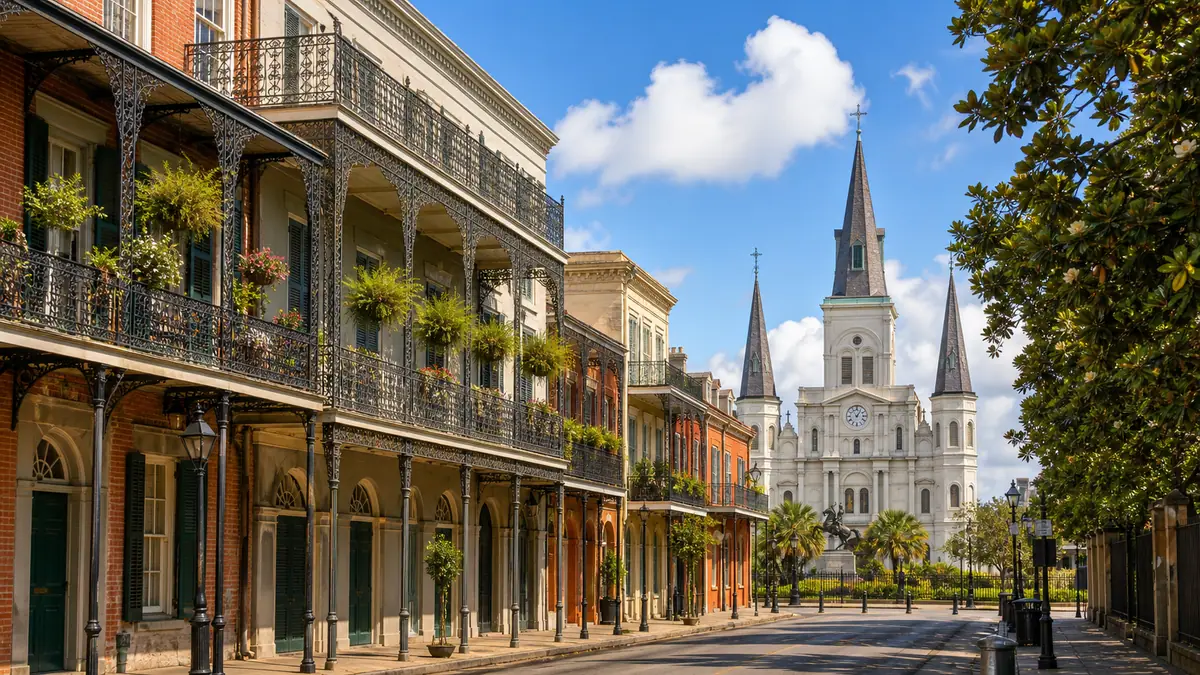 Photoreal Jackson Square and St. Louis Cathedral in New Orleans daylight
