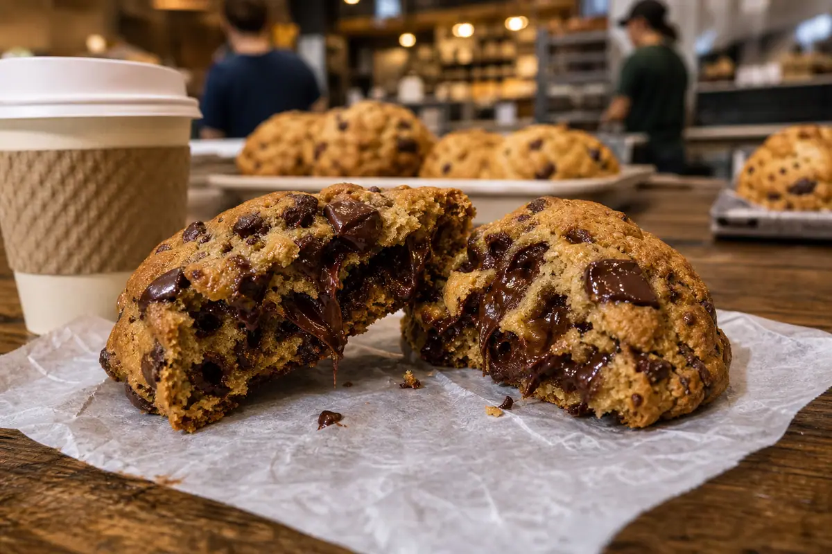 Photoreal Levain Bakery cookie and coffee scene in New York City