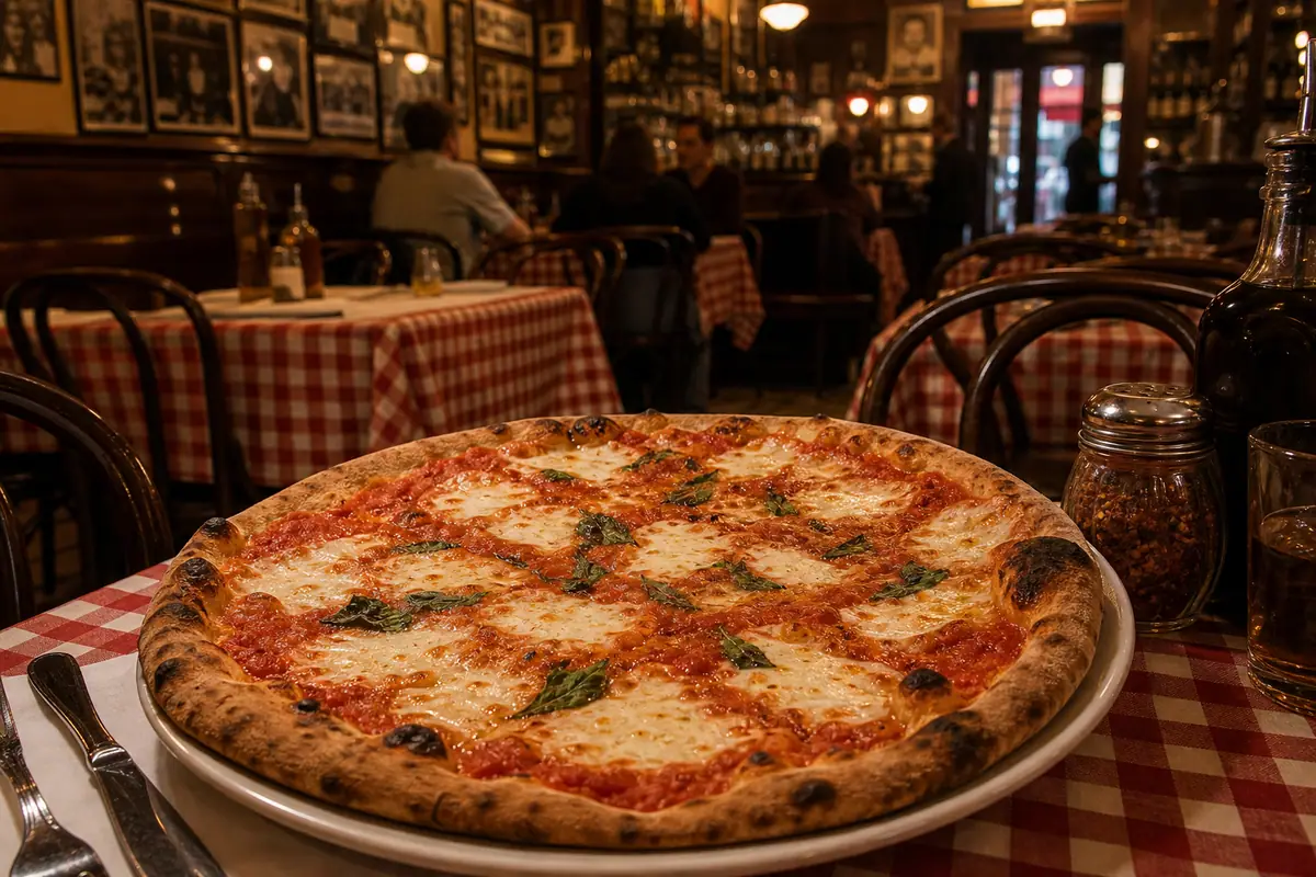 Photoreal coal-oven pizza at Lombardi's in New York City
