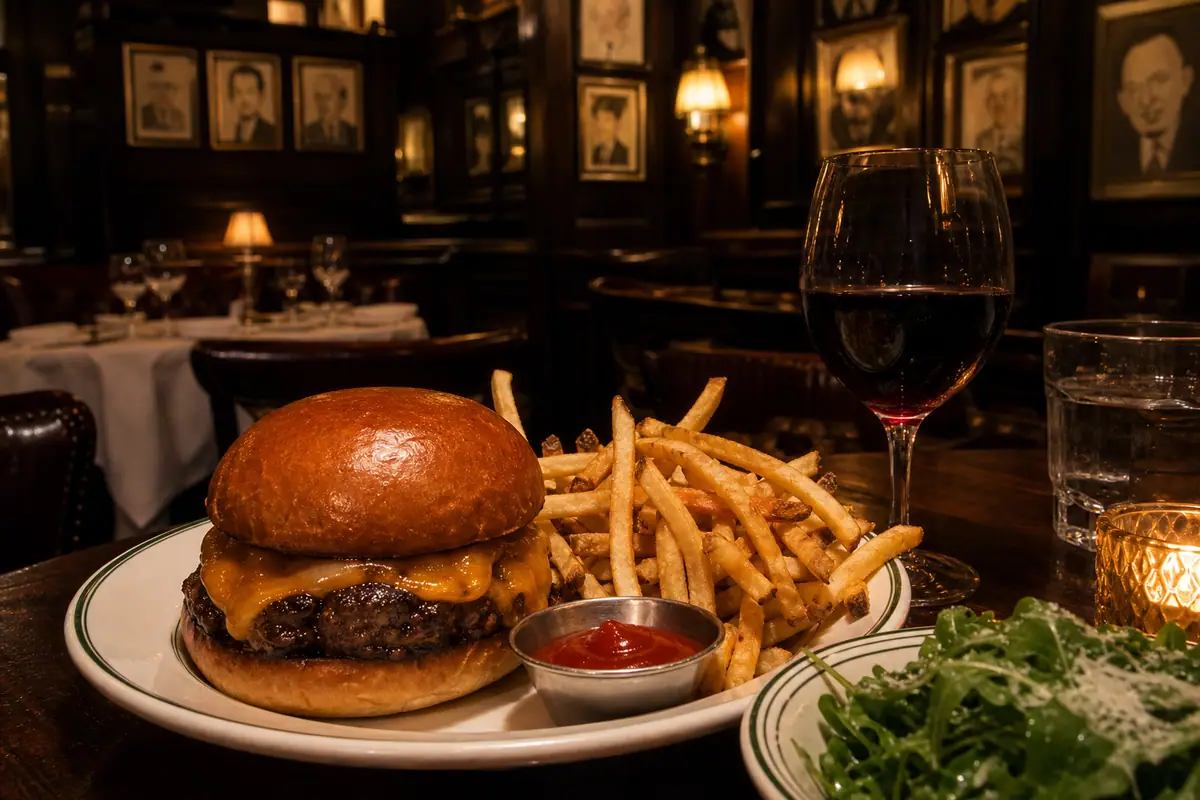Photoreal burger table at Minetta Tavern in New York City