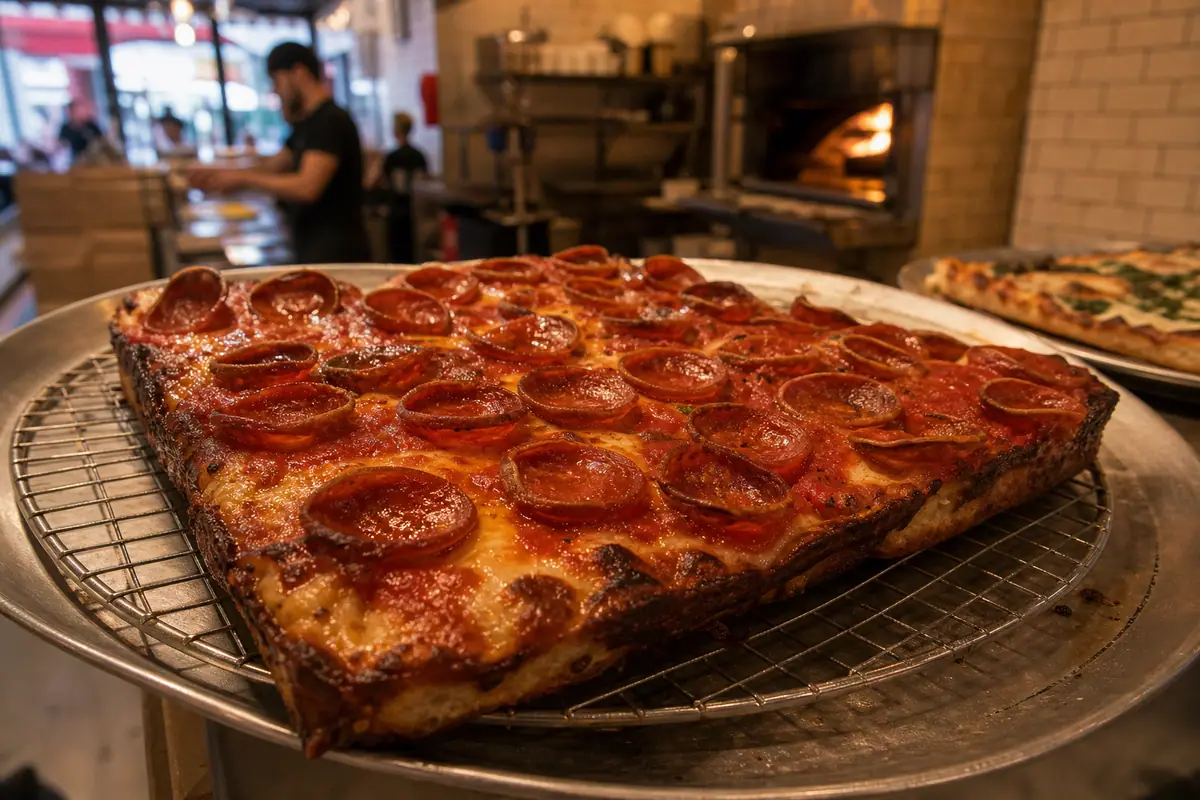 Photoreal square pepperoni slice at Prince Street Pizza in New York City