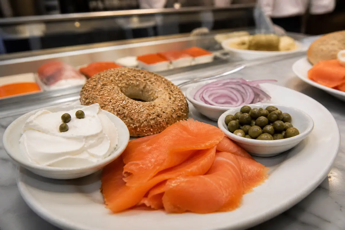 Photoreal smoked salmon and bagel spread at Russ & Daughters in New York City