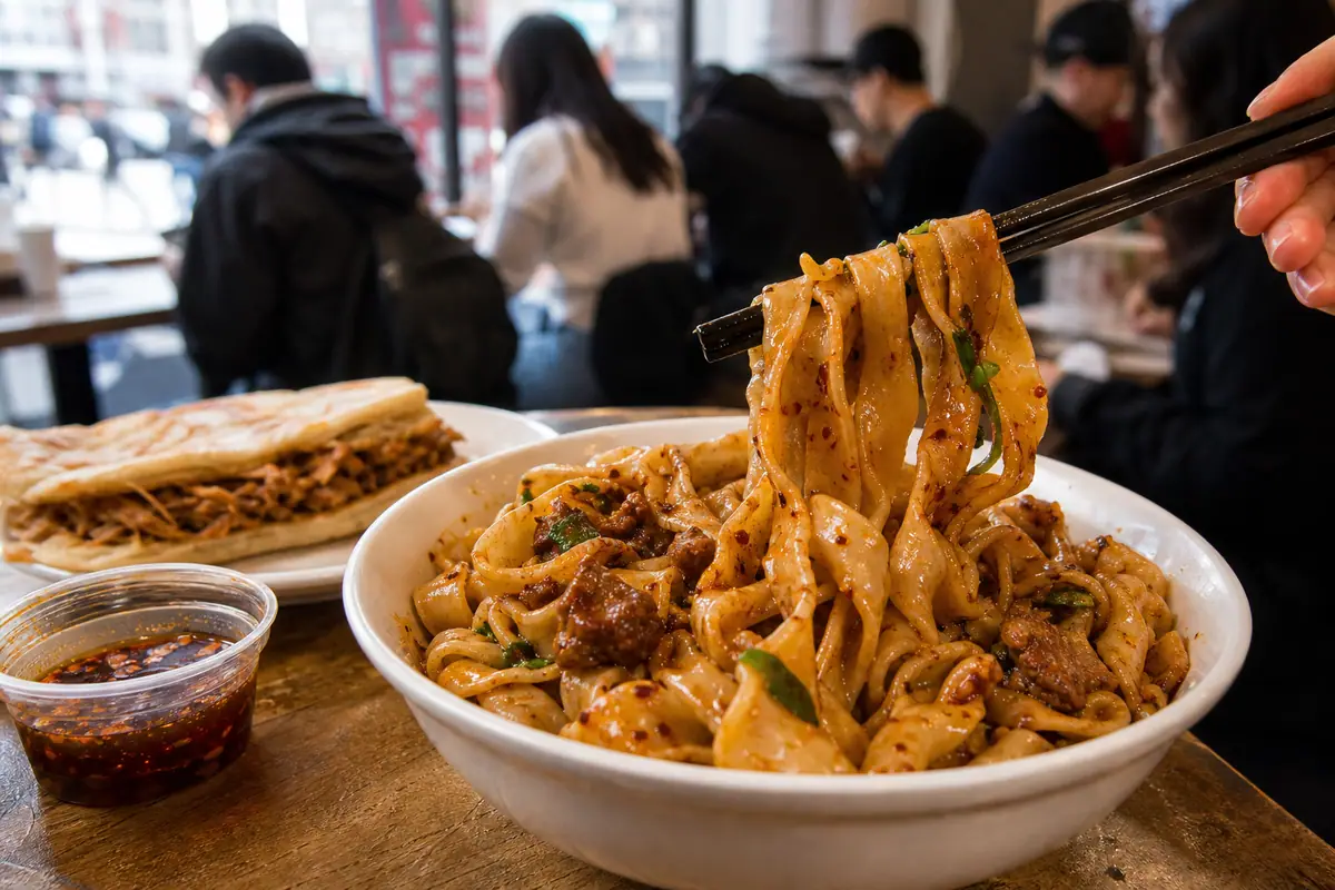 Photoreal spicy hand-pulled noodles at Xi'an Famous Foods in New York City