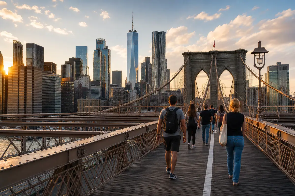 Photoreal Brooklyn Bridge and DUMBO skyline walk in New York City