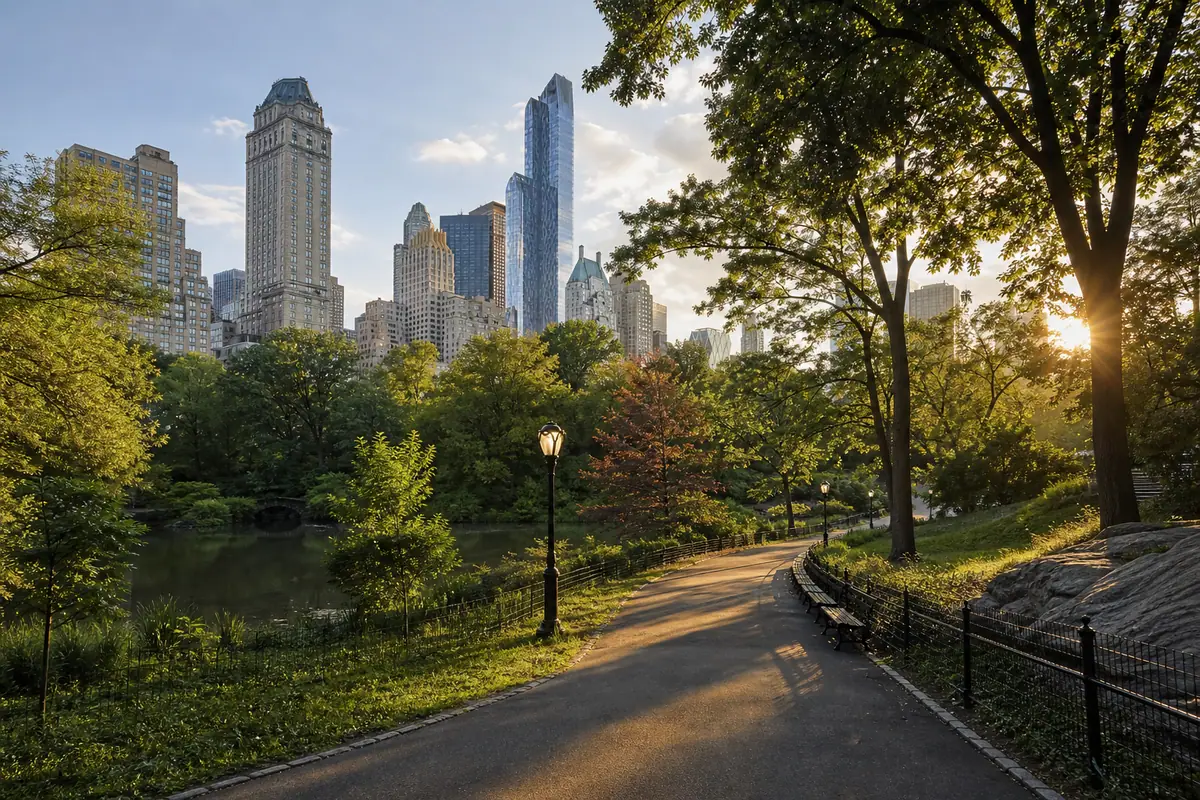 Photoreal Central Park path with Manhattan skyline views in New York City