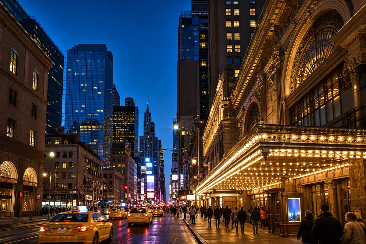 Photoreal Broadway theater district streetscape in Midtown Manhattan at blue hour