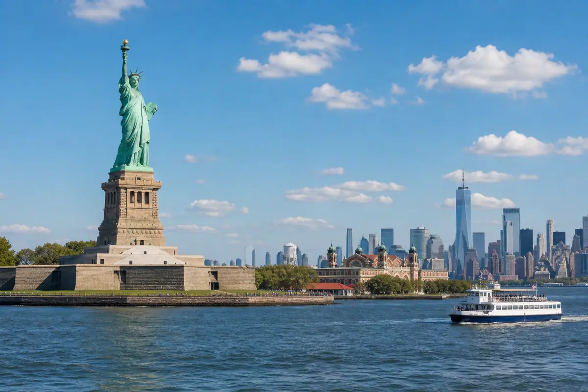 Photoreal Statue of Liberty and New York Harbor in bright daylight
