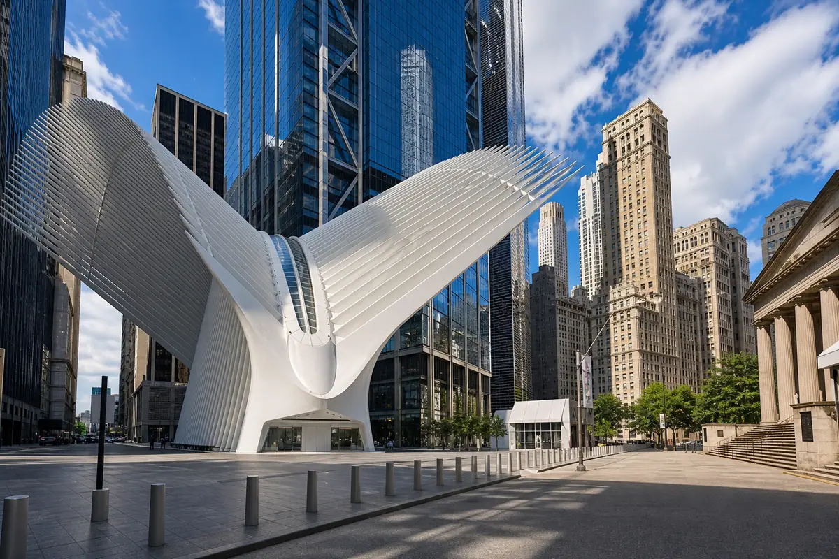 Photoreal Oculus and Wall Street area in Lower Manhattan under bright daylight