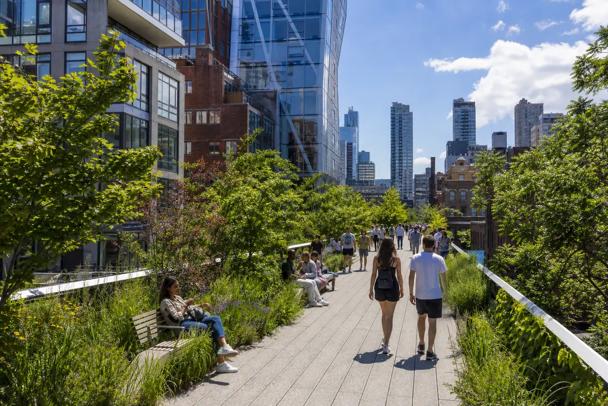 Photoreal elevated High Line park walkway in New York City